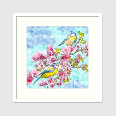 Bird Watercolour Painting Printable Art, Blue Tits & Pink Blossom, Instant Download, Birds,Wildlife Picture, Watercolour Print, Wall Art, Spring