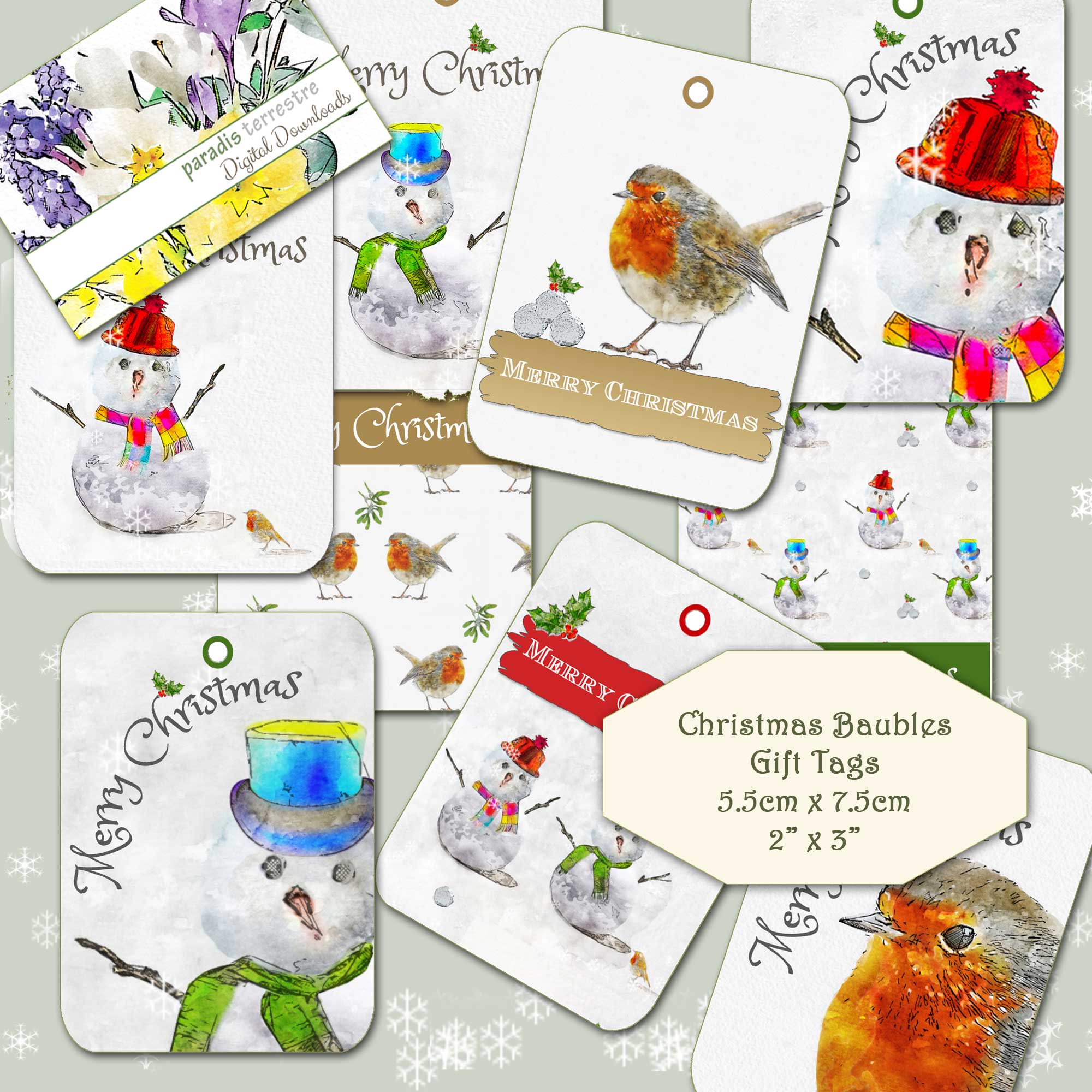 Christmas Gift Tags Printable Merry Christmas Tags Snowmen and Robins Instant Download Digital Collage Sheet 9 Xmas Watercolour Designs