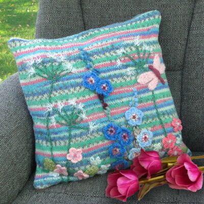 Luxury Dragonfly Accent Cushion - Hand Knitted and Embroidered Floral Cushion