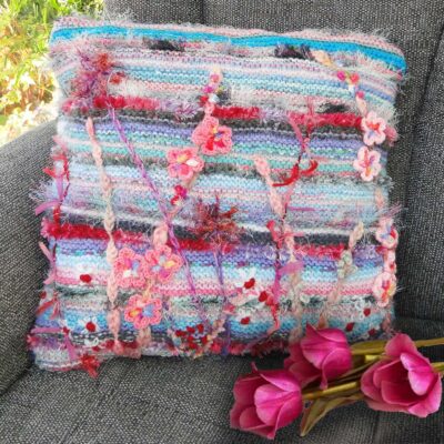 Pink and Grey Luxury Cushion - Luxury Knitted and Embroidered Floral Accent Cushion