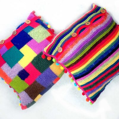 Fun Colourful Knitted Cushions - Set of Two Unique Designs Jewel Colours