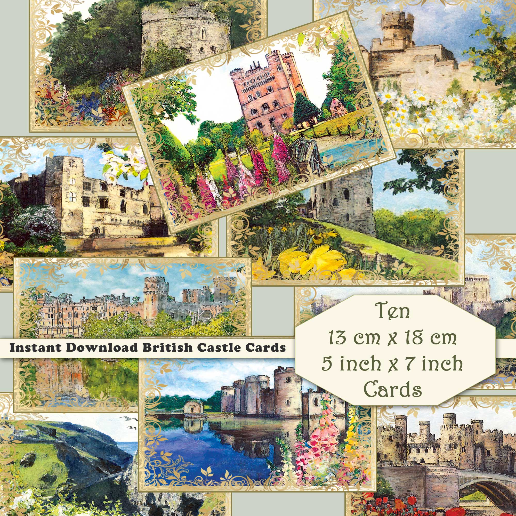 British Castle Card Toppers 10 Printable Cardmaking 10cmx15cm 4"x 6" Instant download Vintage Retro Design