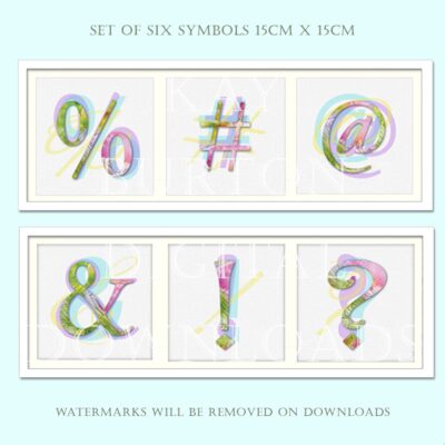 Modern Art Download Symbols 15cm x 15cm, Set of Six Printable Art, Instant Download, Letter,Typography, Watercolour Print, Wall Art Poster