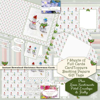 Printable Snowmen Christmas Cards-Petal Envelope-Tags & Xmas Sentiments Instant download Card Making