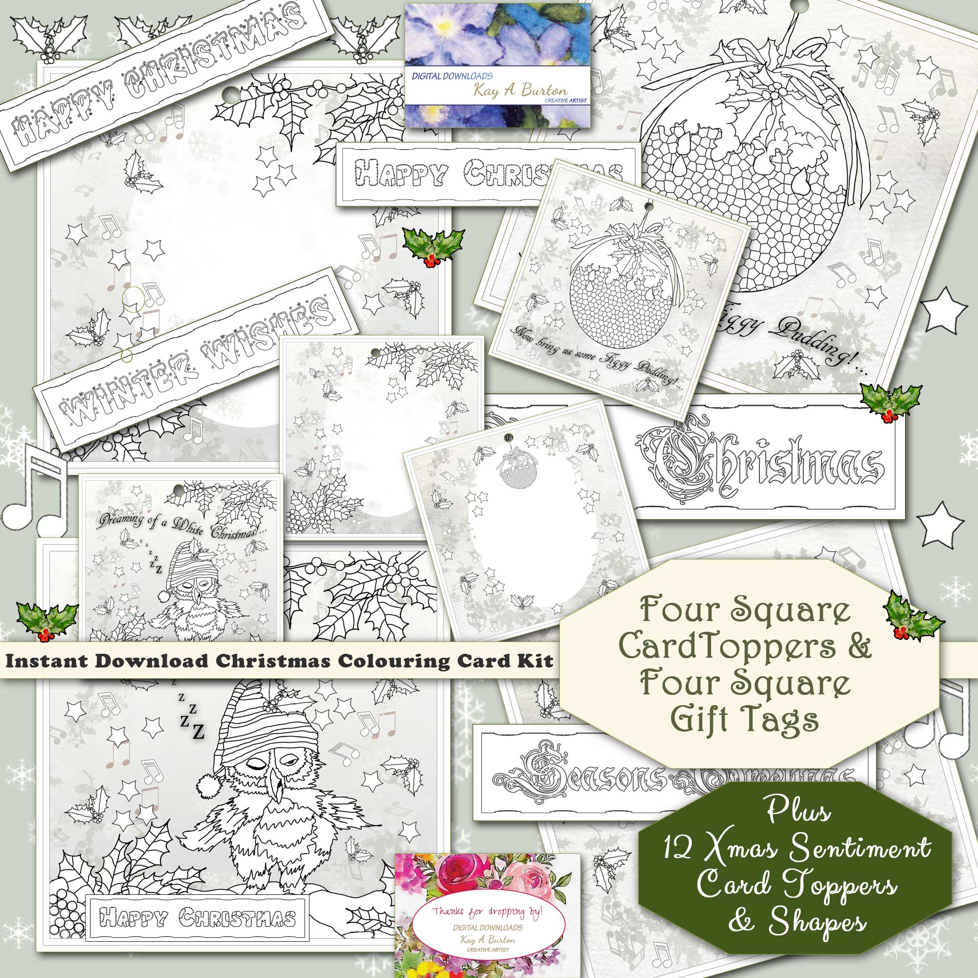 Christmas Colouring In Card Toppers Printable Cards-Tags & Xmas Sentiments Instant download Card Making