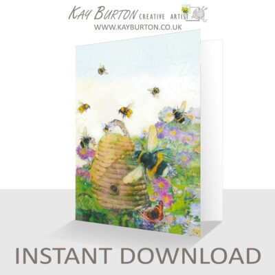Printable Bees Greeting Card Instant Download 5 x 7 Card Beehive in Flowers