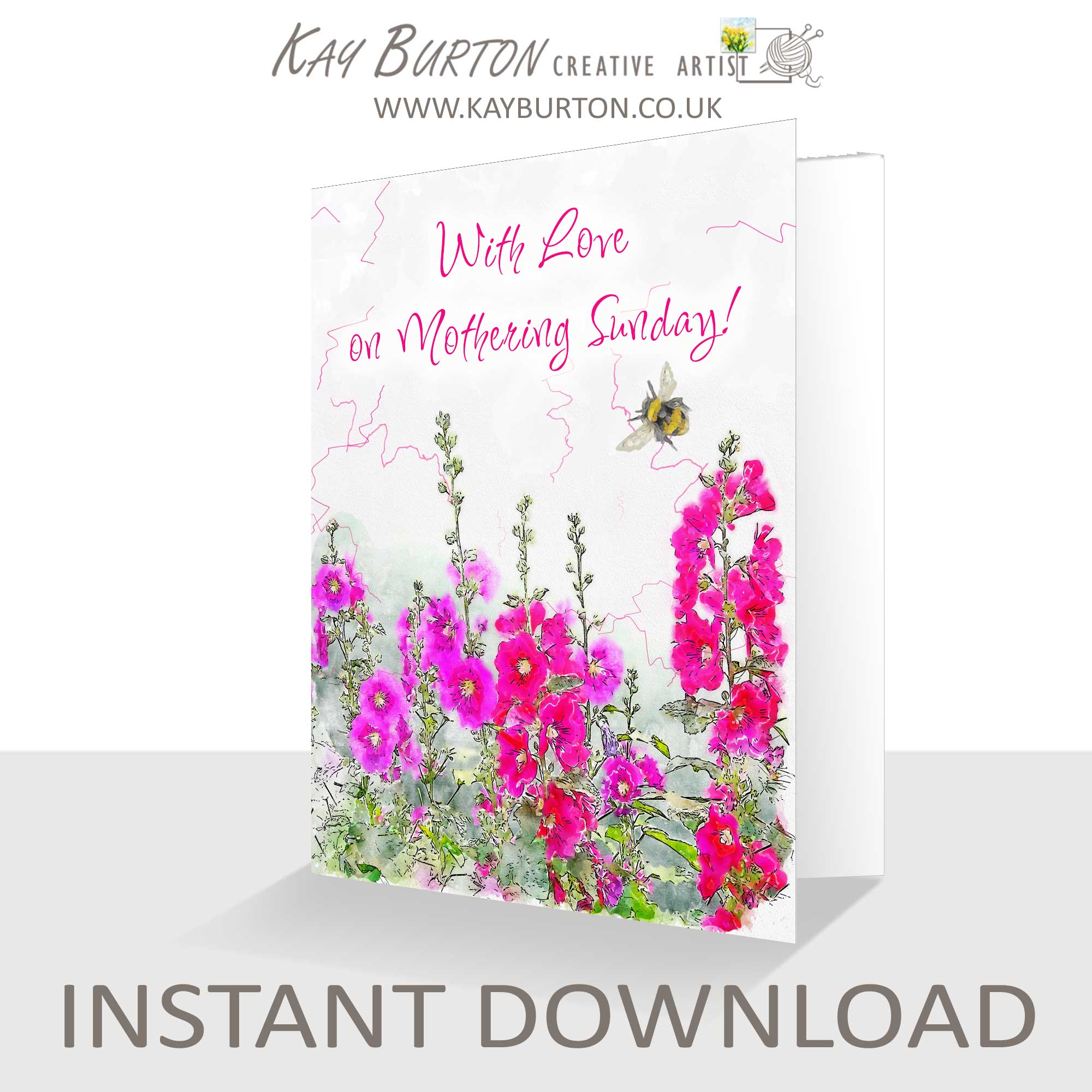 Printable Mothering Sunday Card Instant Download 5 x 7 Card Pink Hollyhocks