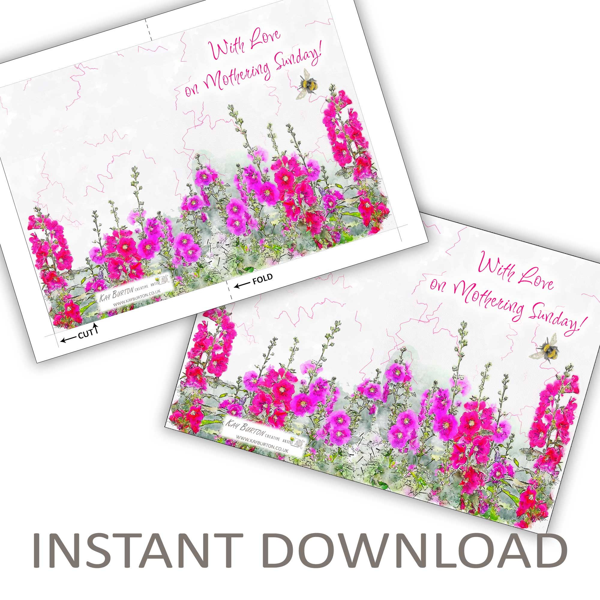 Printable Mothering Sunday Card Instant Download 5 x 7 Card Pink Hollyhocks