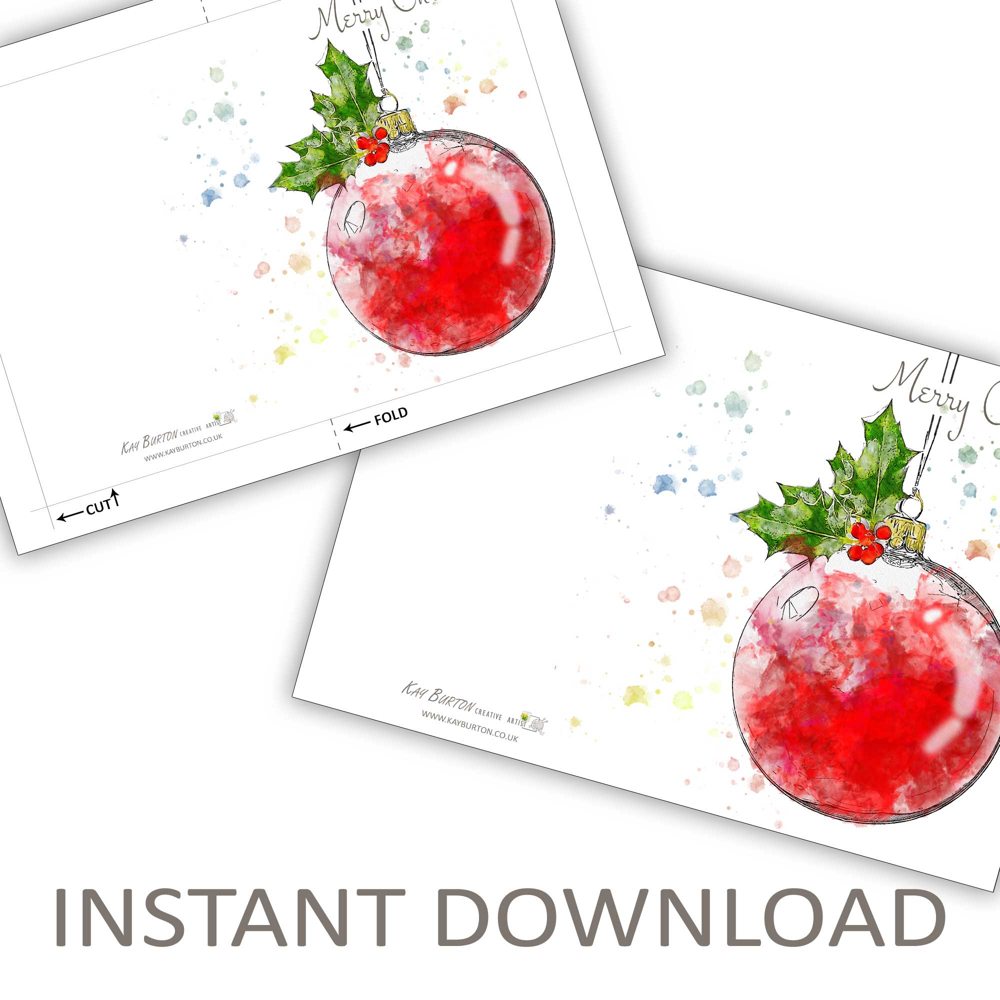 Printable Christmas Bauble Card Downloadable 5 x 7 Merry Christmas